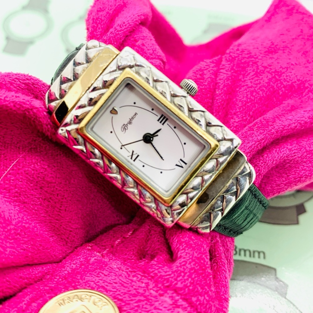 Brighton Augusta Vintage Tank Silver/Gold Tone Reversible Leather Womens Watch